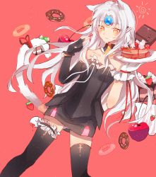 Rule 34 | 1girl, animal ears, bad id, bad pixiv id, cake, cat ears, cherry, doughnut, dress, elsword, eve (elsword), food, forehead jewel, fruit, gloves, inkfish, long hair, pointy ears, red background, skirt, solo, strawberry, tail, thighhighs, white hair, yellow eyes