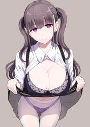 Rule 34 | 1girl, black bra, black skirt, blouse, bra, breasts, cleavage, closed mouth, clothes lift, cowboy shot, dress shirt, grey background, grey hair, highres, indie virtual youtuber, lace trim, large breasts, lifted by self, long hair, looking at viewer, makinose makino, makinose makino (character), miyamoto issa, mole, mole on breast, navel, open clothes, open shirt, panties, panties under pantyhose, pantyhose, purple eyes, purple panties, shirt, sidelocks, simple background, skirt, skirt lift, smile, solo, tareme, thighs, two side up, underwear, virtual youtuber, white pantyhose, white shirt