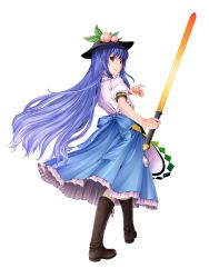 Rule 34 | 1girl, absurdres, bad id, bad pixiv id, blue hair, boots, captain freedom, female focus, food, fruit, full body, hat, highres, hinanawi tenshi, long hair, looking back, peach, purple eyes, solo, sword, sword of hisou, touhou, transparent background, weapon