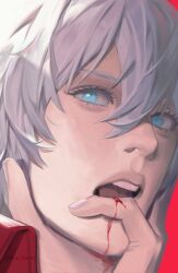 Rule 34 | 1boy, bishounen, blood, blood from mouth, blood on face, blue eyes, colored eyelashes, dante (devil may cry), devil may cry, devil may cry (series), devil may cry 3, eyelashes, hair between eyes, highres, looking at viewer, male focus, open mouth, solo, white hair, ykim01989882
