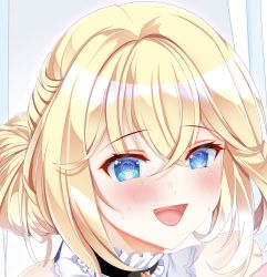 Rule 34 | 1girl, azur lane, bare shoulders, blonde hair, blue eyes, blush, commission, hair between eyes, heart, heart-shaped pupils, highres, jeanne d&#039;arc (azur lane), long hair, looking at viewer, open mouth, origami aya, portrait, skeb commission, solo, symbol-shaped pupils