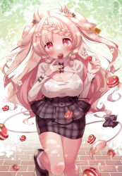 Rule 34 | 1girl, animal ears, blonde hair, breasts, cleavage, cleavage cutout, clothing cutout, commentary, cow ears, cow girl, cow horns, cow tail, food, food in mouth, highres, horns, indie virtual youtuber, large breasts, long hair, long sleeves, macaron, mata, momose miruru, multicolored hair, pink eyes, pink hair, pink nails, solo, standing, standing on one leg, streaked hair, symbol-only commentary, tail, virtual youtuber