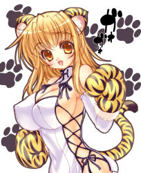 Rule 34 | 1girl, :d, animal costume, animal ears, animal hands, animal print, bare shoulders, blonde hair, blush, breasts, china dress, chinese clothes, cleavage, cleavage cutout, clothing cutout, costume, covered erect nipples, covered navel, dress, elbow gloves, fake animal ears, fake tail, from side, fur trim, gloves, halterneck, large breasts, long hair, looking at viewer, looking back, no bra, no panties, open mouth, orange eyes, paw gloves, paw print, ribbon, side slit, sideboob, smile, solo, tail, tiger costume, tiger ears, tiger print, tiger tail, turtleneck, upper body, white dress