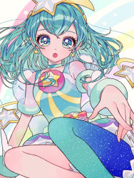 Rule 34 | 1girl, :o, ao (ao0 0nemu), aqua pantyhose, blue eyes, blue hair, blue thighhighs, commentary request, cure milky, earrings, gradient legwear, hagoromo lala, heart, heart-shaped pupils, highres, jewelry, legs, looking at viewer, magical girl, multicolored clothes, multicolored legwear, open mouth, pantyhose, precure, short hair, single leg pantyhose, single thighhigh, solo, star (symbol), star earrings, star twinkle precure, symbol-shaped pupils, thighhighs