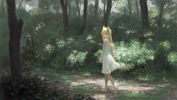 Rule 34 | 1girl, animal ears, bare legs, blonde hair, bush, cat ears, cat tail, closed mouth, dress, expressionless, forest, from behind, full body, grass, jpeg artifacts, long hair, looking at viewer, looking back, nature, orange eyes, original, scenery, shoes, sleeveless, sleeveless dress, solo, tail, tree, walking, wasabi60, white dress, white footwear, wide shot