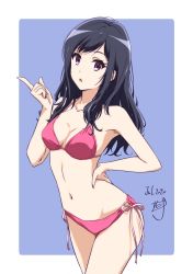 Rule 34 | 1girl, bikini, black hair, breasts, cleavage, collarbone, dated, halterneck, hand on own hip, hand up, highres, index finger raised, long hair, looking at viewer, medium breasts, nii manabu, open mouth, original, pink bikini, pointing, purple eyes, side-tie bikini bottom, signature, simple background, solo, swimsuit, thighs