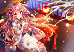 Rule 34 | 1girl, bench, blurry, blurry foreground, blush, closed mouth, commentary request, depth of field, floating hair, floral print, from above, hair bun, hair intakes, hair ornament, hair ribbon, hand up, holding, holding umbrella, japanese clothes, kimono, lamp, light particles, long hair, long sleeves, looking at viewer, night, obi, original, outdoors, pink hair, railing, red eyes, red ribbon, ribbon, riichu, sash, side bun, sidelocks, single hair bun, single side bun, sitting, smile, solo, tree, umbrella, very long hair, white kimono, wide sleeves, wooden floor