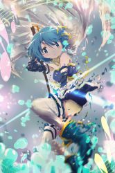 Rule 34 | 1girl, :o, absurdres, arm up, bare shoulders, blue background, blue eyes, blue hair, blue skirt, blush, boots, clothes lift, dot nose, dress, fortissimo, gloves, hair ornament, hairclip, highres, looking at viewer, looking to the side, magical girl, mahou shoujo madoka magica, mahou shoujo madoka magica (anime), mahou shoujo madoka magica movie 1 &amp; 2, miki sayaka, musical note, musical note hair ornament, sengoku chidori, shaking, short hair, skirt, skirt lift, solo, sword, thighhighs, water, water drop, weapon, white gloves, white thighhighs, zettai ryouiki