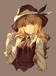 Rule 34 | 1girl, absurdres, beige background, blonde hair, bolo tie, brown hat, brown vest, closed mouth, dolls in pseudo paradise, frilled hat, frills, hand in own hair, hat, hat feather, highres, jacket girl (dipp), long hair, long sleeves, looking at viewer, red eyes, ribbon, shirt, simple background, smile, touhou, upper body, very long hair, vest, wavy hair, wb yimo, white shirt, yellow neckwear