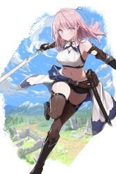 Rule 34 | 1girl, armpits, bare shoulders, belt, belt pouch, black footwear, black gloves, black shorts, blue eyes, boots, breasts, brown thighhighs, crop top, elf, gloves, highres, holding, holding sword, holding weapon, knee boots, large breasts, leg up, long hair, looking at viewer, midriff, navel, novel illustration, official art, original, outstretched arms, pink hair, pointy ears, pouch, seorang, sheath, shirt, short shorts, shorts, sleeveless, sleeveless shirt, smile, solo, stomach, sword, thighhighs, thighs, v-shaped eyebrows, waist cape, weapon, white shirt