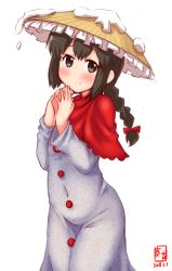 Rule 34 | 1girl, ajirogasa, black eyes, black hair, braid, buttons, capelet, commentary request, cosplay, cowboy shot, dated, dress, hair between eyes, hat, highres, isonami (kancolle), kanon (kurogane knights), kantai collection, logo, long hair, long sleeves, look-alike, looking at viewer, red capelet, sidelocks, simple background, smile, snow, solo, touhou, white background, white dress, yatadera narumi, yatadera narumi (cosplay)