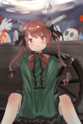 Rule 34 | 1girl, :3, animal ears, black bow, blush, bow, braid, cat ears, dress, feet out of frame, green dress, hair bow, highres, kaenbyou rin, long hair, long sleeves, looking at viewer, mukaino kei, multiple tails, one-hour drawing challenge, puffy sleeves, purple eyes, red hair, sitting, skull, solo, spread legs, swept bangs, tail, touhou, twin braids, wheelbarrow
