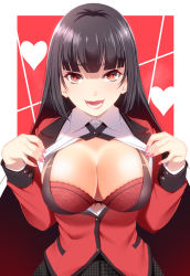 Rule 34 | 1girl, bad id, bad pixiv id, black hair, bra, breasts, cleavage, commentary request, heart, highres, hime cut, jabami yumeko, jacket, kakegurui, kippuru, large breasts, long hair, looking at viewer, nail polish, open clothes, open jacket, open mouth, open shirt, pink nails, red bra, red eyes, red jacket, school uniform, shirt, simple background, solo, teeth, underwear, upper body, white shirt