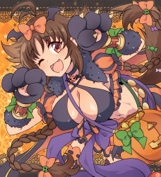 Rule 34 | 1girl, blush, breasts, brown hair, halloween, halloween costume, highres, kaori (princess connect!), large breasts, long hair, masako (sabotage-mode), open mouth, princess connect!, red eyes