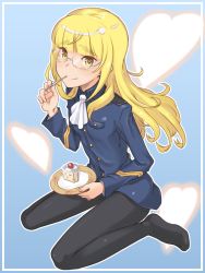 Rule 34 | 1girl, black pantyhose, blonde hair, cake, cake slice, eating, food, fruit, glasses, heart, highres, kawaguchi hyoue, long hair, looking at viewer, military, military uniform, no shoes, pantyhose, perrine h. clostermann, plate, sitting, smile, solo, strawberry, strawberry shortcake, strike witches, uniform, utensil in mouth, wariza, world witches series, yellow eyes