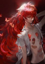 Rule 34 | androgynous, bug, butterfly, gem, gender request, highres, houseki no kuni, bug, long hair, open clothes, open shirt, padparadscha (houseki no kuni), red eyes, red hair, shirt, shycocoa, solo, very long hair, wavy hair