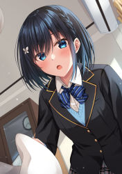 Rule 34 | 1girl, :o, black hair, black jacket, blazer, blue bow, blue eyes, blue sweater, blush, bow, braid, butterfly hair ornament, clock, collared shirt, commentary request, diagonal-striped bow, dress shirt, grey skirt, hair ornament, highres, indoors, jacket, komori kuzuyu, looking at viewer, open mouth, original, plaid, plaid skirt, pleated skirt, rivier (kuzuyu), shirt, skirt, solo, sweater, wall clock, white shirt