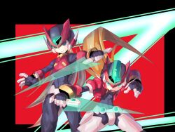 Rule 34 | 2boys, armor, black eyes, blonde hair, cropped jacket, energy sword, forehead jewel, green eyes, helmet, highres, holding, holding sword, holding weapon, jacket, long hair, male focus, mega man (series), mega man zero (series), mega man zx, model zx (mega man), multiple boys, open clothes, open jacket, power armor, protected link, red armor, red background, red helmet, red jacket, red theme, sword, vent (mega man), wagiri pencil, weapon, z saber, zero(z) (mega man), zero (mega man)