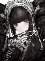 Rule 34 | 1girl, black hair, celestia ludenberg, chan8016, claw ring, danganronpa: trigger happy havoc, danganronpa (series), drill hair, earrings, expressionless, frilled sleeves, frills, hairband, hand on own chin, jewelry, lolita hairband, long hair, long sleeves, looking at viewer, nail polish, red eyes, ribbon, solo, twin drills, upper body