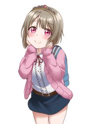 Rule 34 | 1girl, artist name, artist request, backpack, bag, bare legs, belt, blue pants, blush, breasts, brown belt, brown hair, collared shirt, female focus, grey hair, hands on own face, highres, jan azure, light brown hair, looking at viewer, love live!, love live! nijigasaki high school idol club, love live! school idol festival, love live! school idol festival all stars, nakasu kasumi, pants, parted lips, pink ribbon, pink sweater, purple eyes, red eyes, ribbon, shirt, short hair, short pants, smile, solo, sweater, tiara, transparent background, white background, white shirt