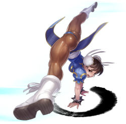 Rule 34 | 1girl, absurdres, action, arm support, ass, back-seamed legwear, blue dress, blue panties, boots, bracelet, brown eyes, brown hair, brown pantyhose, bun cover, capcom, china dress, chinese clothes, chun-li, cross-laced footwear, double bun, dress, earrings, fengmo, foreshortening, full body, hair bun, highres, jewelry, motion blur, motion lines, open mouth, panties, pantyhose, pelvic curtain, puffy short sleeves, puffy sleeves, seamed legwear, short sleeves, side slit, solo, spiked bracelet, spikes, split, spread legs, street fighter, sweat, teeth, tongue, underwear, upside-down, white footwear