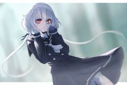 Rule 34 | 1girl, black sailor collar, black skirt, colored skin, grey hair, hands up, haonfest, konno junko, looking at viewer, low twintails, neckerchief, parted lips, patchwork skin, red eyes, sailor collar, skirt, solo, twintails, white neckerchief, zombie, zombie land saga