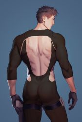 Rule 34 | 1boy, anderain, ass, back, back cutout, back focus, bara, bare back, black bodysuit, bodysuit, brown hair, clothing cutout, commentary request, eyepatch, feet out of frame, from behind, harness, highres, hip vent, looking at viewer, looking back, male focus, muscular, muscular male, ombra (anderain), original, revealing clothes, short hair, sideburns, skin tight, solo
