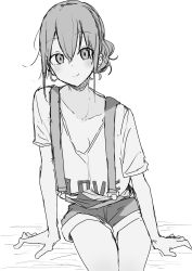 Rule 34 | 1girl, blush, breasts, cleavage, closed mouth, greyscale, hair bun, highres, large breasts, leaning forward, looking at viewer, monochrome, original, overalls, rucchiifu, shirt, short shorts, short sleeves, shorts, simple background, single hair bun, sitting, smile, solo, white background