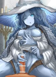 Rule 34 | 1girl, ;o, absurdres, bar censor, blue eyes, blue skin, breasts, candle, censored, cloak, colored skin, convenient censoring, cracked skin, cum, ejaculation, elden ring, extra arms, extra faces, fur cloak, girl on top, handjob, hat, highres, large hat, leogust, medium breasts, mosaic censoring, no nipples, no panties, one eye closed, penis, ranni the witch, textless version, underboob, witch hat