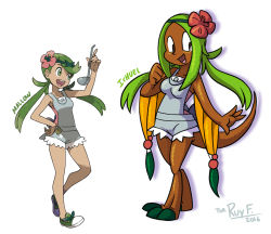 Rule 34 | 2girls, breasts, brown eyes, creatures (company), dark-skinned female, dark skin, dinosaur girl, dot nose, fingernails, flower, furry, game freak, green eyes, green hair, ichuel, ladle, long hair, macoatl, mallow (pokemon), matching hair/eyes, medium breasts, multiple girls, nintendo, nose, open mouth, original, pokemon, pokemon sm, shoes, simple background, small breasts, tagme, tail, teeth, trial captain, twintails, white background
