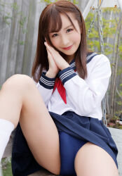 Rule 34 | 1boy, asian, blurry, bow, brown eyes, brown hair, bulge, depth of field, flashing, flat chest, futanari, highres, japanese (nationality), lipstick, looking at viewer, makeup, newhalf, outdoors, own hands together, panties, real life, red bow, school uniform, smile, solo, tachibana serina, thighs, transgender, trap, underwear