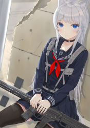 Rule 34 | 1girl, absurdres, against wall, animal ears, belt collar, blue eyes, blue serafuku, bow, bowtie, broken wall, cat ears, cat tail, closed mouth, collar, collarbone, commentary request, crack, cracked wall, grey hair, gun, hand on weapon, highres, light blush, long sleeves, looking at viewer, magazine (weapon), on floor, original, red bow, school uniform, serafuku, sidelocks, sitting, solo, tail, tanshio, thighhighs, uniform, weapon, white hair, zettai ryouiki