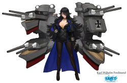 Rule 34 | 1girl, artnohearts, black coat, black footwear, black hair, black hat, black pantyhose, blue coat, breasts, cannon, character name, cleavage, coat, copyright name, full body, hair over one eye, hat, highres, holding, holding clothes, holding hat, large breasts, long hair, long sleeves, machinery, multicolored clothes, multicolored coat, pantyhose, peaked cap, simple background, solo, standing, steelblue mirage, turret, uniform, unworn hat, unworn headwear, white background, yellow eyes