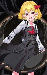 Rule 34 | 1girl, ascot, black skirt, black vest, blonde hair, collared shirt, commentary, darkness, feet out of frame, hair between eyes, hair ribbon, highres, long sleeves, looking at viewer, mizoreshi, open mouth, red ascot, red eyes, red ribbon, ribbon, rumia, shirt, short hair, skirt, smile, solo, touhou, vest, white shirt
