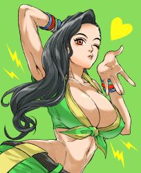Rule 34 | 1girl, arm up, black hair, blowing kiss, blue wristband, breasts, brown eyes, cleavage, forehead, green wristband, highres, large breasts, laura matsuda, long hair, narrow waist, one eye closed, red wristband, roku-knock, solo, street fighter, street fighter v, wristband