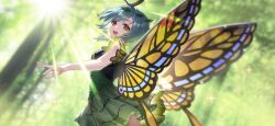 Rule 34 | 1girl, :d, antennae, blurry, blurry background, butterfly wings, dress, eternity larva, forest, from side, green dress, green hair, hair ornament, insect wings, leaf hair ornament, light rays, looking at viewer, looking to the side, nature, non-web source, official art, open mouth, orange eyes, second-party source, short hair, sleeveless, sleeveless dress, smile, solo, sparkle, teeth, touhou, touhou gensou eclipse, tree, u u zan, upper teeth only, wings