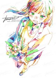 Rule 34 | 1girl, blazer, blue hair, blush, bouquet, collared shirt, colorful, floating hair, flower, foreshortening, from above, green eyes, green hair, holding, holding bouquet, jacket, kneehighs, long hair, long sleeves, looking at viewer, low ponytail, lower teeth only, multicolored hair, necktie, nose blush, open clothes, open jacket, open mouth, original, pink flower, rectangular mouth, red hair, school uniform, shirt, sidelocks, signature, simple background, socks, solo, sweatdrop, sweater, teeth, v-neck, watanabe tomari, watermark, white background, white flower, white socks, wispy bangs, yellow flower