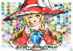Rule 34 | 1girl, adapted costume, alternate color, blonde hair, bow, box, braid, christmas, dress, english text, gift, gift box, hat, hat bow, kirisame marisa, long hair, long sleeves, merry christmas, one eye closed, open mouth, red dress, santa costume, single braid, smile, solo, touhou, umigarasu (kitsune1963), upper body, witch hat, yellow eyes
