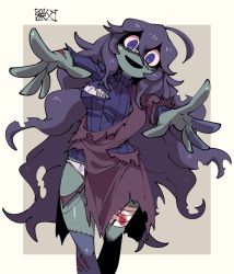 Rule 34 | 1girl, @ @, ahoge, bandaged leg, bandages, blood, bloody bandages, bra, breasts, chichibu (watson), colored skin, commentary request, creatures (company), dress, game freak, green skin, hex maniac (pokemon), highres, long hair, long sleeves, looking at viewer, messy hair, nintendo, open mouth, outstretched arms, panties, pokemon, pokemon xy, purple eyes, purple sweater, signature, smile, solo, stitches, sweater, torn clothes, torn dress, underwear, zombie, zombie pose