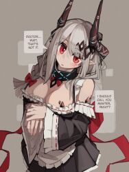 Rule 34 | 1girl, absurdres, apron, arknights, back bow, black dress, blush, bow, braid, breasts, commentary, cowboy shot, demon horns, dress, ear piercing, english commentary, english text, frilled dress, frilled sleeves, frills, grey background, hair bow, hair ornament, head tilt, highres, horns, infection monitor (arknights), large breasts, long hair, looking at viewer, maid, maid apron, material growth, mudrock (arknights), off-shoulder dress, off shoulder, oripathy lesion (arknights), piercing, pointy ears, red bow, red eyes, sidelocks, solo, spaghetti strap, togekk0, white hair, wide sleeves