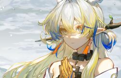Rule 34 | 1girl, antlers, arknights, bead necklace, beads, blonde hair, blue eyes, blue hair, closed mouth, colored eyelashes, dragon girl, earrings, floating hair, grey background, grey sky, hands up, horns, jewelry, long hair, looking at viewer, multicolored hair, necklace, nine5895254196, overcast, own hands together, pointy ears, rain, shu (arknights), sky, sleeveless, smile, solo, streaked hair, upper body, wind