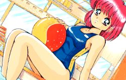 Rule 34 | 1girl, ayumi-chan monogatari, ayumi (ayumi-chan monogatari), ball, beachball, looking at viewer, lowres, one-piece swimsuit, pool, red hair, retro artstyle, school swimsuit, short hair, sitting, swimsuit