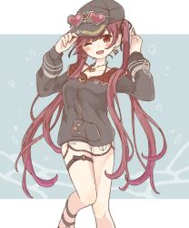 Rule 34 | :d, absurdres, baseball cap, black hat, black jacket, blush, commentary request, earrings, eyewear on headwear, hat, heart, heart-shaped eyewear, heart earrings, heart necklace, highres, hololive, houshou marine, houshou marine (summer), jacket, jewelry, long hair, long sleeves, necklace, o-ring, o-ring thigh strap, one eye closed, open mouth, pin, puffy long sleeves, puffy sleeves, red-tinted eyewear, red eyes, red hair, short shorts, shorts, smile, solo, thigh strap, tinted eyewear, traum38, twintails, very long hair, virtual youtuber, white shorts