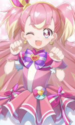 Rule 34 | 1girl, :3, ;d, blonde hair, bow, brooch, commentary, crown, cure wonderful, dress, dress bow, earrings, hairband, heart, heart brooch, highres, jewelry, long hair, looking at viewer, magical girl, mini crown, multicolored hair, one eye closed, open mouth, paw pose, petticoat, pink dress, pink hair, pouch, precure, purple bow, purple eyes, short dress, short sleeves, smile, solo, standing, tilted headwear, two-tone hair, two side up, wonderful precure!, wrist cuffs, yellow hairband, yunagi (yng hoti)