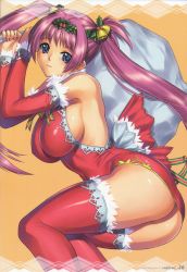Rule 34 | 1girl, absurdres, airi (queen&#039;s blade), airi (queen's blade), airi (the infernal temptress), arms up, ass, backless outfit, bell, bent over, blue eyes, blush, breasts, carrying, christmas, detached sleeves, dress, fingernails, from side, hair ornament, highres, iruma kamiri, lace, lace-trimmed legwear, lace trim, large breasts, legs, long hair, queen&#039;s blade, santa costume, scan, sideboob, smile, solo, thighhighs, thighs, twintails