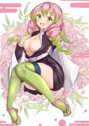 Rule 34 | 1girl, :d, absurdres, belt, braid, breasts, cleavage, demon slayer uniform, floral background, flower, gradient hair, green eyes, green thighhighs, haori, highres, japanese clothes, kanroji mitsuri, kimetsu no yaiba, large breasts, long hair, looking at viewer, mole, mole under eye, multicolored hair, multiple braids, open mouth, partially unbuttoned, patomu, pink hair, pleated skirt, ribbed legwear, ribbed thighhighs, sandals, skirt, smile, solo, thighhighs, tri braids, weapon, whip sword, white belt