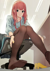 Rule 34 | 1girl, absurdres, black pantyhose, blue eyes, blush, chair, closed mouth, collarbone, doushimasho, earrings, fingernails, high heels, highres, jacket, jewelry, lips, long hair, long sleeves, nail polish, office lady, original, pantyhose, pink hair, scan, shoes, simple background, solo, unworn shoes, watch, wristwatch, yellow footwear, yellow nails