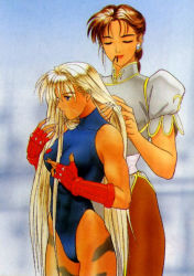 Rule 34 | 2girls, adjusting hair, artist request, blonde hair, blue eyes, blue leotard, braid, brown hair, cammy white, capcom, china dress, chinese clothes, chun-li, dress, closed eyes, female focus, fingerless gloves, gloves, hairdressing, height difference, leotard, long hair, multiple girls, muscular, official art, pantyhose, street fighter
