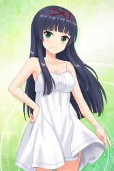 Rule 34 | 1girl, absurdres, alternative girls, bare shoulders, black hair, blunt bangs, blush, bow, bracelet, breasts, cleavage, collarbone, cowboy shot, dress, green background, green eyes, hair bow, hand on own hip, highres, jewelry, long hair, looking at viewer, medium breasts, official art, red bow, smile, solo, standing, tendou machi, white dress