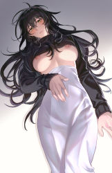 Rule 34 | 1girl, absurdres, arm at side, black hair, black sweater, blush, breasts, commentary, cowboy shot, cropped sweater, gradient background, green eyes, grey background, hair between eyes, hand on own stomach, high-waist skirt, highres, kenz (kentsutsue), large breasts, long hair, long sleeves, looking at viewer, lying, messy hair, nipple slip, nipples, no bra, on back, original, parted lips, skirt, solo, sweater, turtleneck, turtleneck sweater, underboob, white background, white skirt